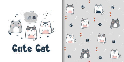 Seamless pattern with cute cats. Vector childish illustration design for kids collection, fabric, wallpaper, wrapping, textile, t-shirt print