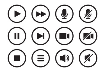 Audio, video, music player circle button icon. Sound control, play, pause button solid icon set. Camera, media control, microphone interface pictogram. Vector illustration.