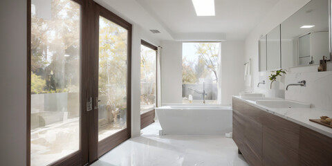Modern bathroom white with freestanding tub, natural light, white marble. Designer bathroom