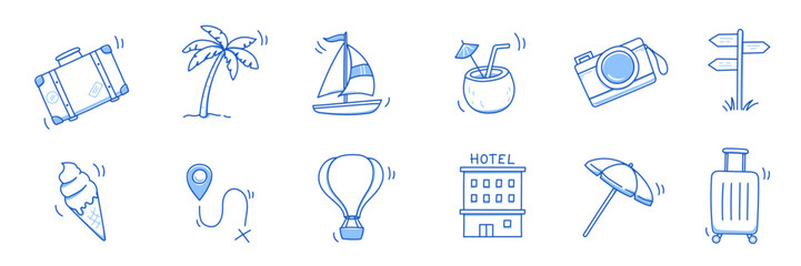 Summer travel vacation drawn icon set. Hand drawn sketch doodle style summer trip, vacation icon. Camera, travel bag, palm doodle element. Funny tourism vector illustration. © Polina Tomtosova