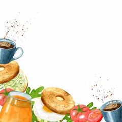 Frame from bagel, sandwich with egg, tomatoes and herbs, cup and juice. Hand drawn watercolor illustration on white background. Delicious breakfast. Template for decoration design menu.