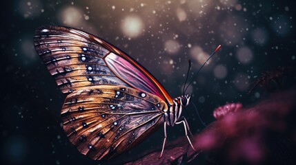 Fototapeta na wymiar a colorful butterfly sitting on a branch in the rain with drops of water on its wings. generative ai