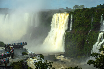 Aerial Panoramic view of iguaçu or iguazu waterfall devil throat brazil and Argentina scenic water...