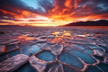 Frozen lake at sunset in National Park, Generated AI