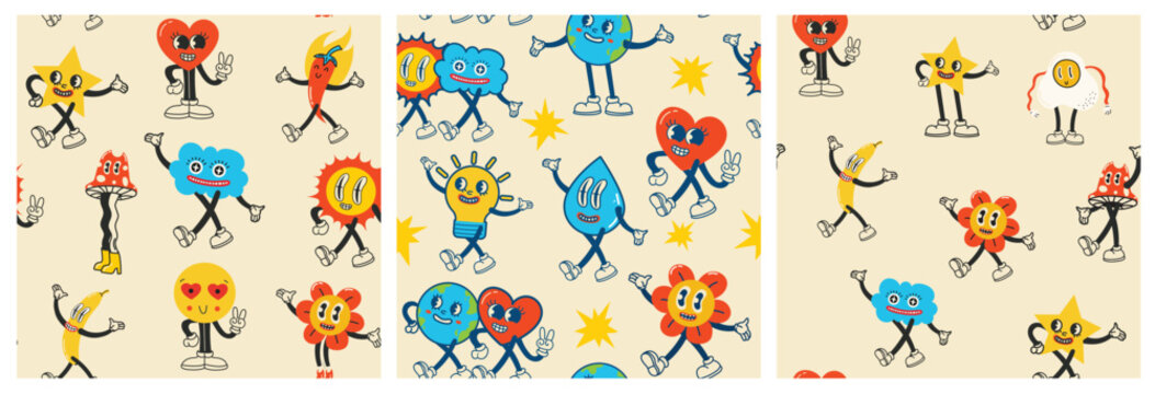 Colorful funny happy face label seamless pattern set. Collection of trendy retro sticker cartoon backgrounds. Weird comic character art wallpaper