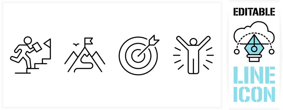 Editable line icon set in a black simple and clean vector outline stroke for business strategy and strategic focus for business and work goals for a corporate mission or target on a white background

