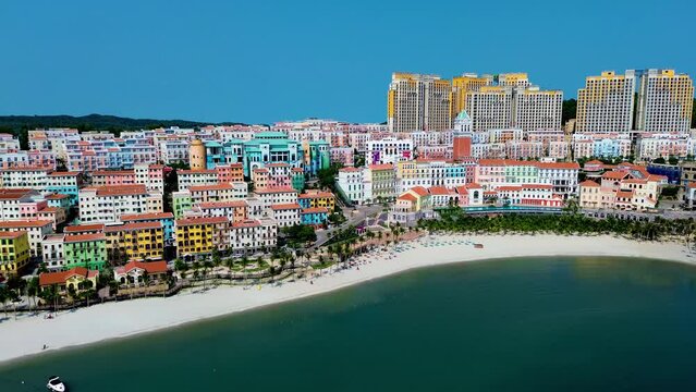 Aerial 4K footage of Sunset town in Phu Quoc island, Vietnam. Fast being developed European city copy. Amazing future resort, Kien Giang province