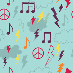 Seamless pattern with groove psychedelic music elements. Retro design of hipster icons. Doodle style graphic. Vintage trippy cartoon. Color symbols of 60 70 80 90 trend vector illustration