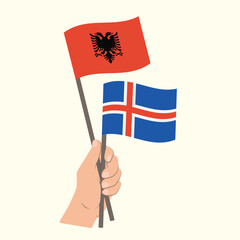 Flags of Albania and Iceland, Hand Holding flags