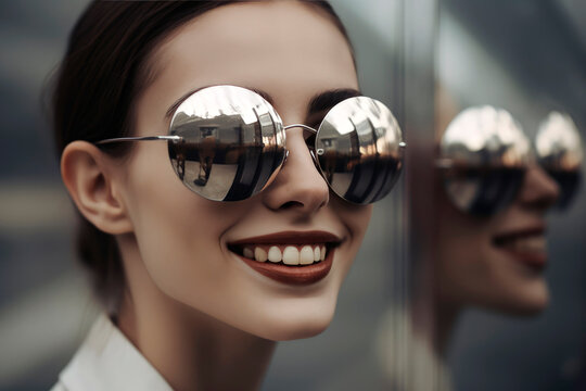 Generative AI illustration of a portrait of a beautiful young woman smiling and wearing a set of futuristic sunglasses on blurred background with her shadow