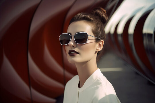Generative AI illustration of A beautiful serious young woman wearing a set of futuristic sunglasses on blurred tunnel backgrounds