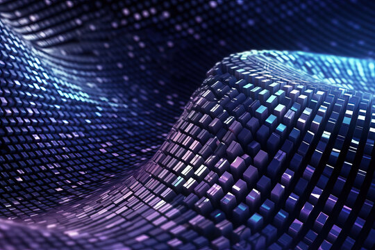 Generative AI illustration of abstract shiny geometric background illuminated by purple neon light forming mountains in darkness - Powered by Adobe