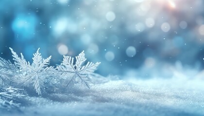 Fototapeta na wymiar Winter snowy blurry background scenery landscape in light blue shades. Falling snow