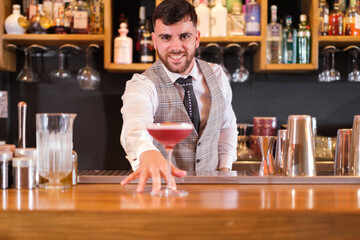 Cocktail prepared by the restaurant's bartender to enjoy a drink and relax. Concept: entertainment, drinks, fun