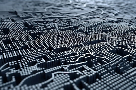 Generative AI illustration of abstract geometric background with shiny rows of glowing dots on dark surface
