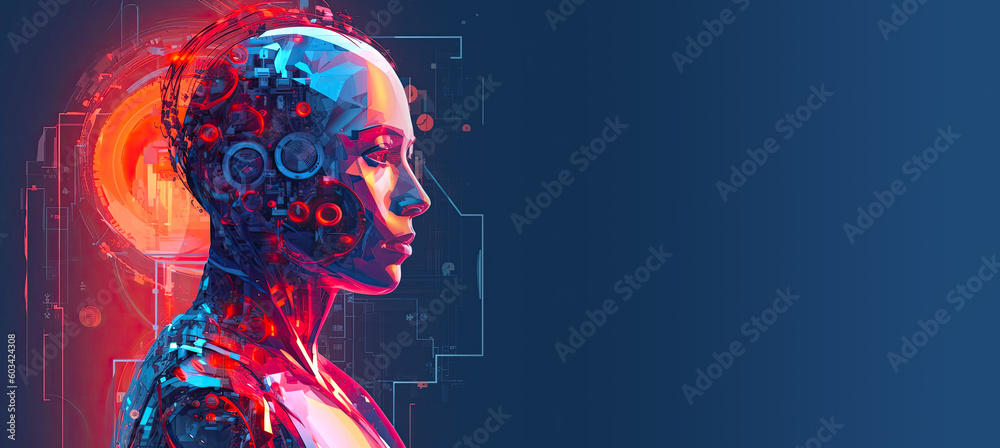 Poster artificial intelligence and humanoid head with neural network, quantum computing, advanced robotics,