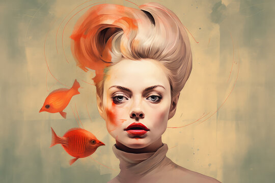 Surrealistic view of young woman with bright makeup and red lips looking at camera with fish flying around her. Generative AI