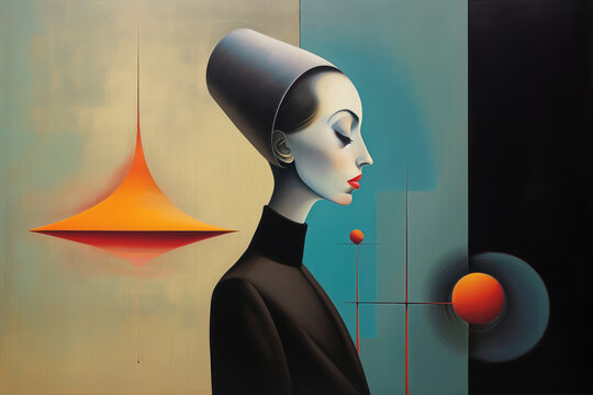 Fine art surrealistic painting of woman with closed eyes against colorful wall with geometrical shapes. Generative AI