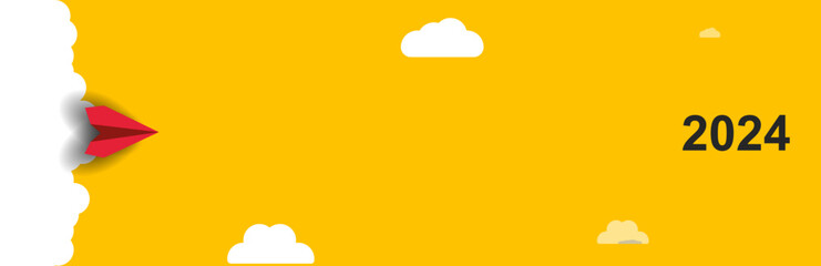 Red airplane flying to 2024 new year.Innovative solution oriented business idea concept.