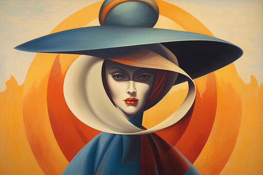 Fine art surrealistic painting of woman in elegant outfit and hat looking at camera against orange background. Flat colors. Generative AI