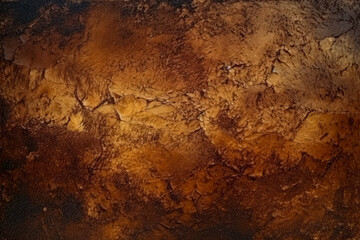 Metallic gritty texture on a brown/ goldend rust background, dark, moody. Generative Ai Illustration.