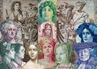 Collection of women illustrations on old banknotes around the world