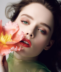Beautiful young woman with flower. AI generated image.