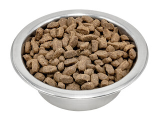 Metal bowl with dog food on a white background. View from above. Food for dogs and cats