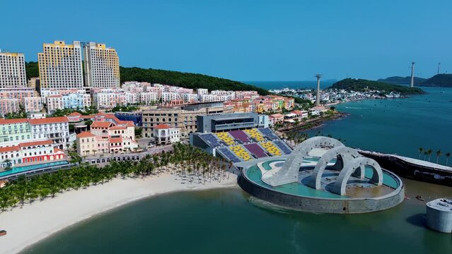 Aerial 4K footage of Sunset town in Phu Quoc island, Vietnam. Fast being developed European city copy. Amazing future resort, Kien Giang province