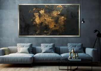 Modern contemporary apartment withy a large frame of golden rust. Generative Ai Illustration. 
