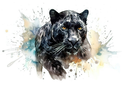 Watercolor abstract illustration black panther.Black panther in action colorful paint splash, isolated on white background.Generative AI.