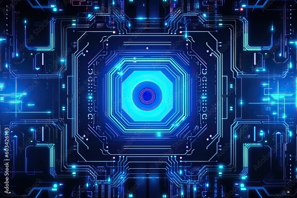 Poster artificial intelligence and humanoid head with neural network, quantum computing, advanced robotics,