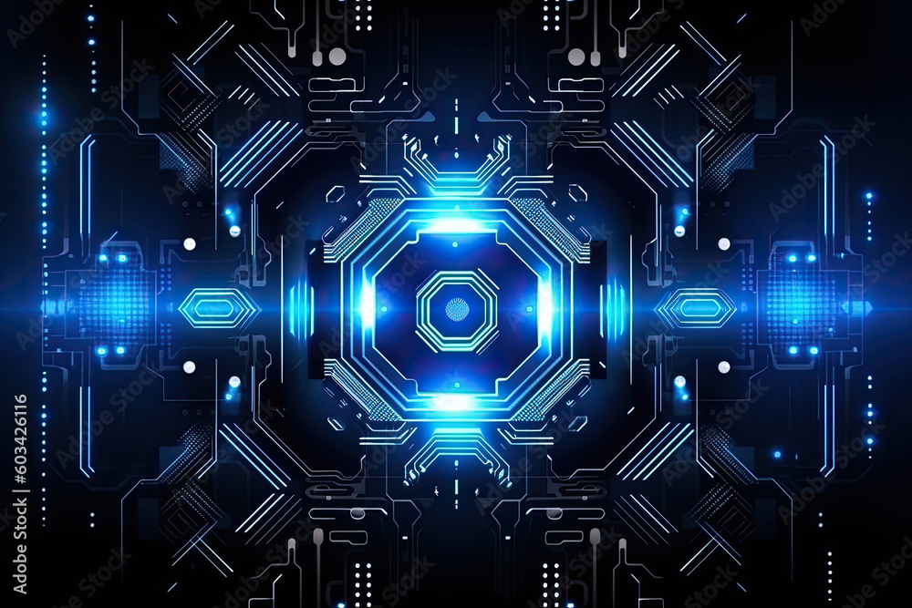 Poster artificial intelligence and humanoid head with neural network, quantum computing, advanced robotics,