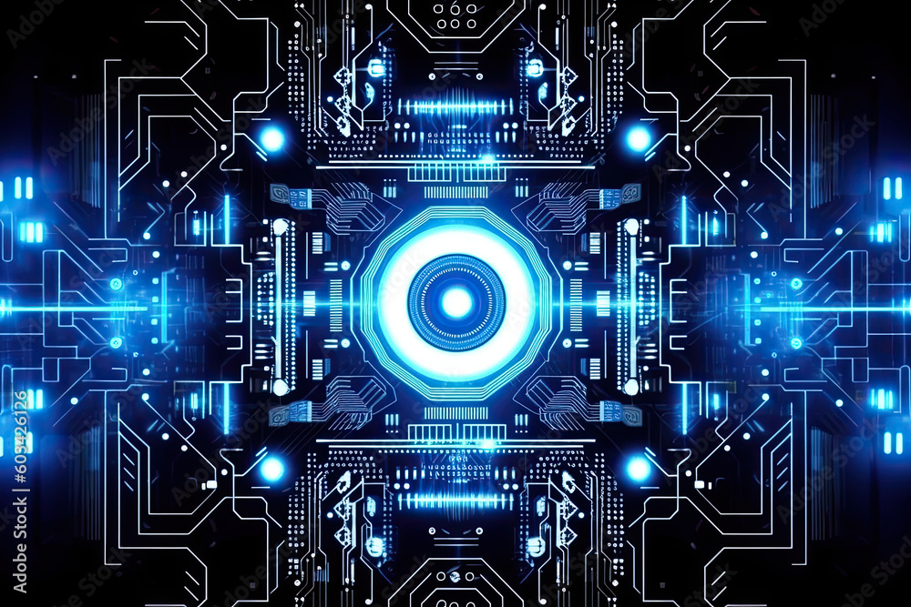Poster artificial intelligence and humanoid head with neural network, quantum computing, advanced robotics,