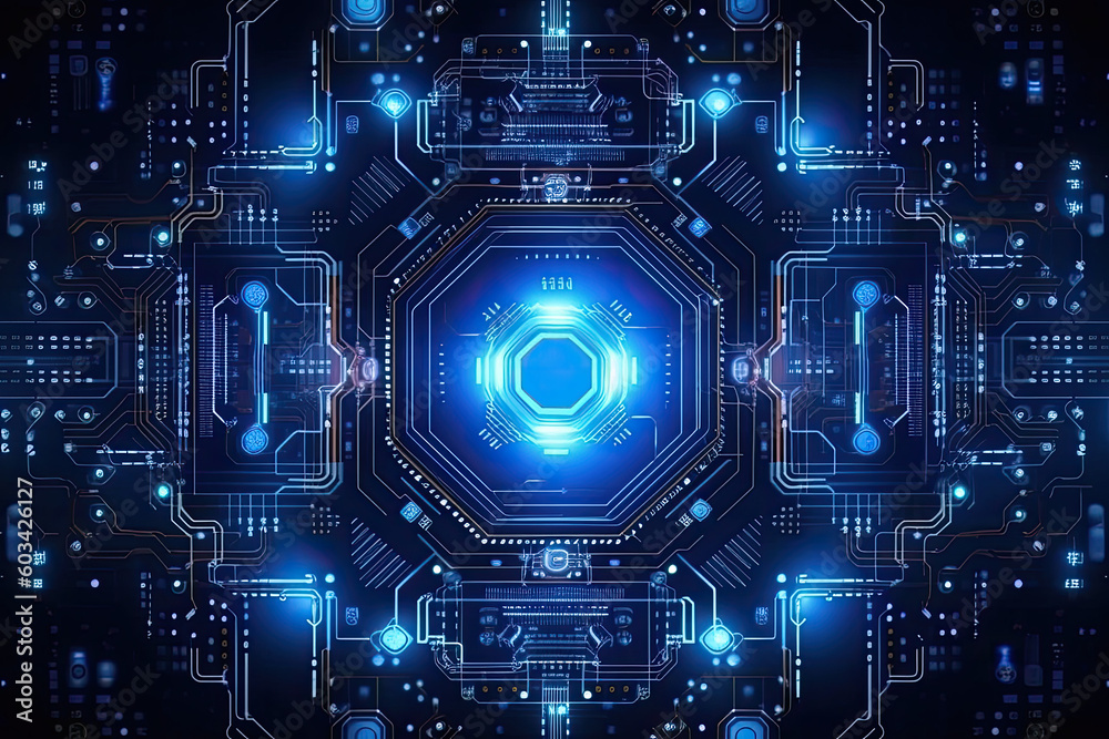 Poster artificial intelligence and humanoid head with neural network, quantum computing, advanced robotics,