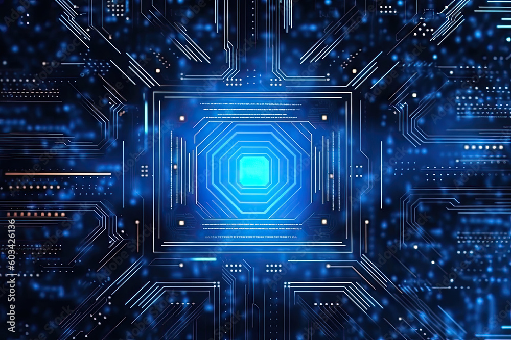 Poster artificial intelligence and humanoid head with neural network, quantum computing, advanced robotics,