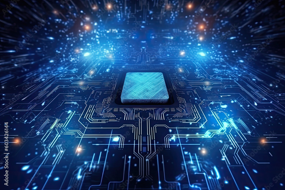 Poster artificial intelligence and humanoid head with neural network, quantum computing, advanced robotics,