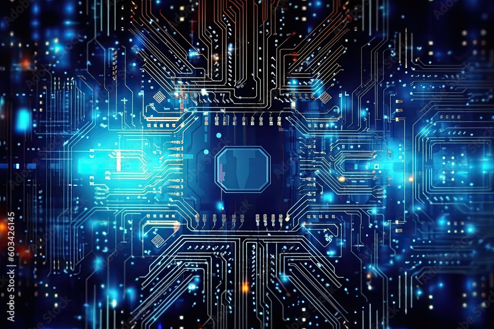 Poster artificial intelligence and humanoid head with neural network, quantum computing, advanced robotics,