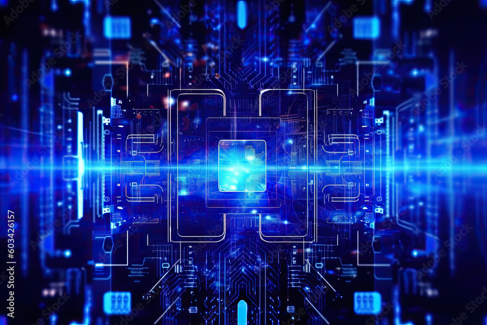 Poster artificial intelligence and humanoid head with neural network, quantum computing, advanced robotics,
