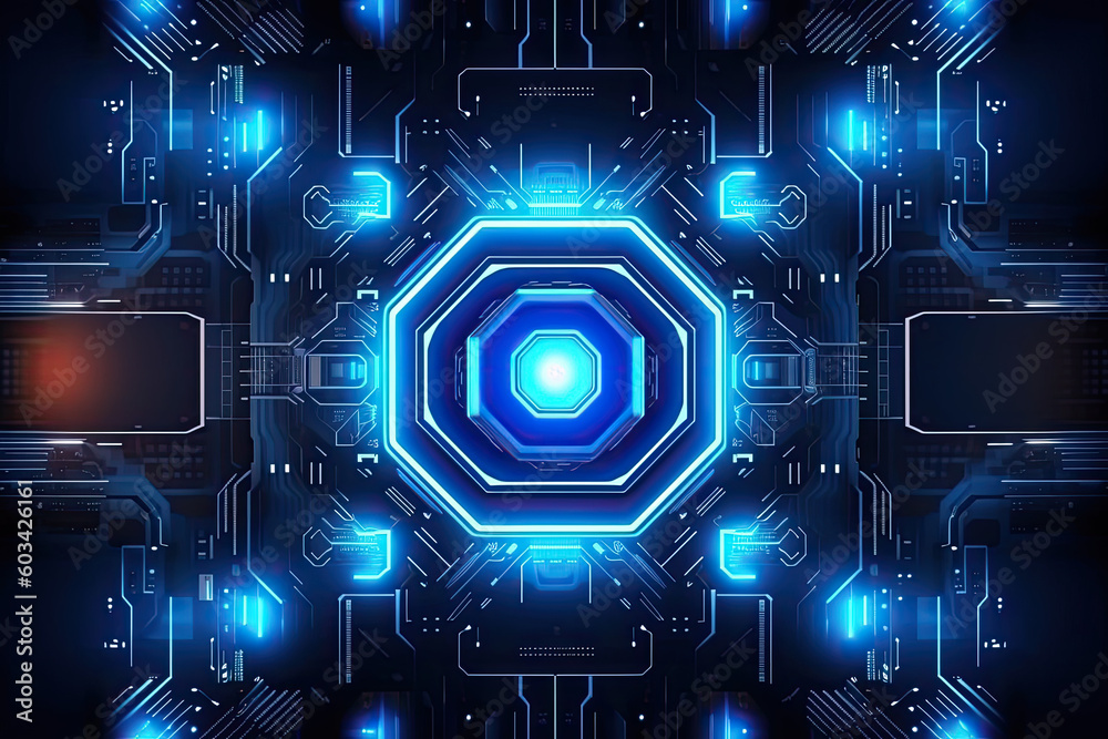 Poster artificial intelligence and humanoid head with neural network, quantum computing, advanced robotics,