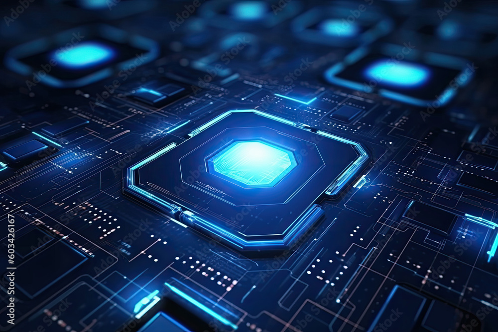 Poster artificial intelligence and humanoid head with neural network, quantum computing, advanced robotics,