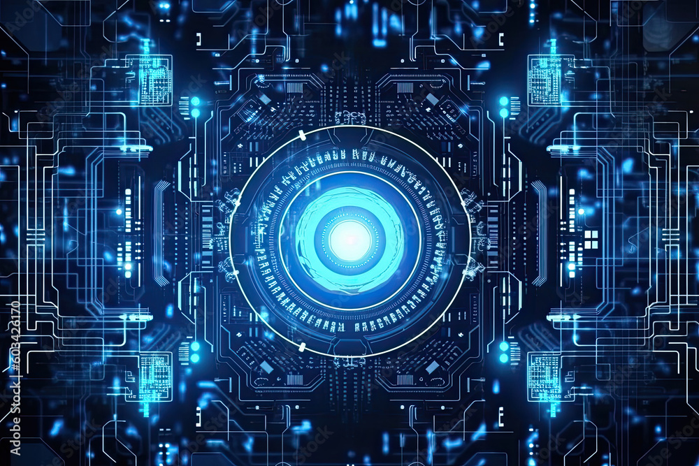 Poster artificial intelligence and humanoid head with neural network, quantum computing, advanced robotics,