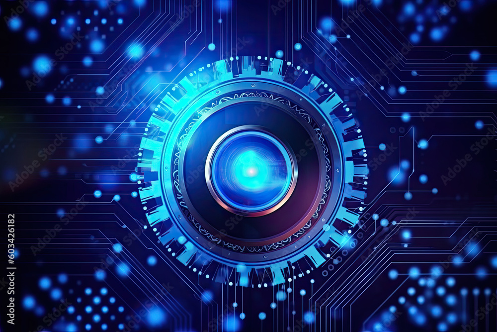 Poster artificial intelligence and humanoid head with neural network, quantum computing, advanced robotics,