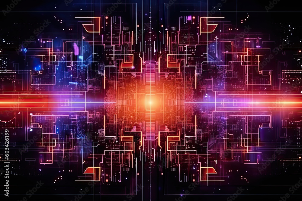 Poster artificial intelligence and humanoid head with neural network, quantum computing, advanced robotics,