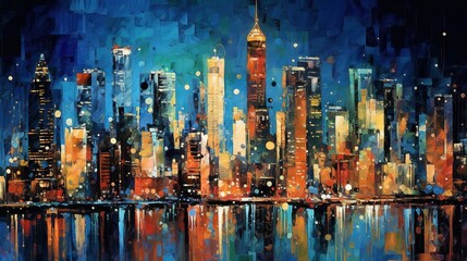  a painting of a city at night with lights reflecting in the water and a reflection of the city lights on the water and the buildings.  generative ai