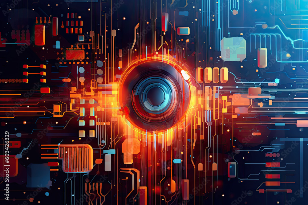 Poster artificial intelligence and humanoid head with neural network, quantum computing, advanced robotics,