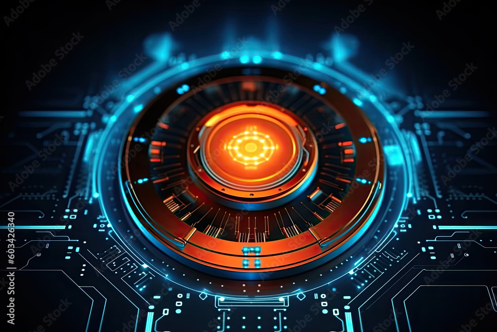 Poster artificial intelligence and humanoid head with neural network, quantum computing, advanced robotics,