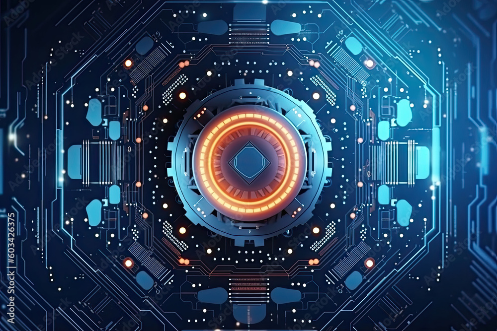 Poster artificial intelligence and humanoid head with neural network, quantum computing, advanced robotics,