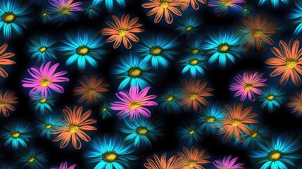  a bunch of flowers that are on a black background with blue and orange colors on it and a yellow center in the middle of the flower.  generative ai