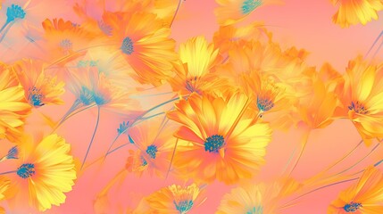  a bunch of yellow flowers on a pink background with a blue center in the middle of the picture and a blue center in the middle of the picture.  generative ai